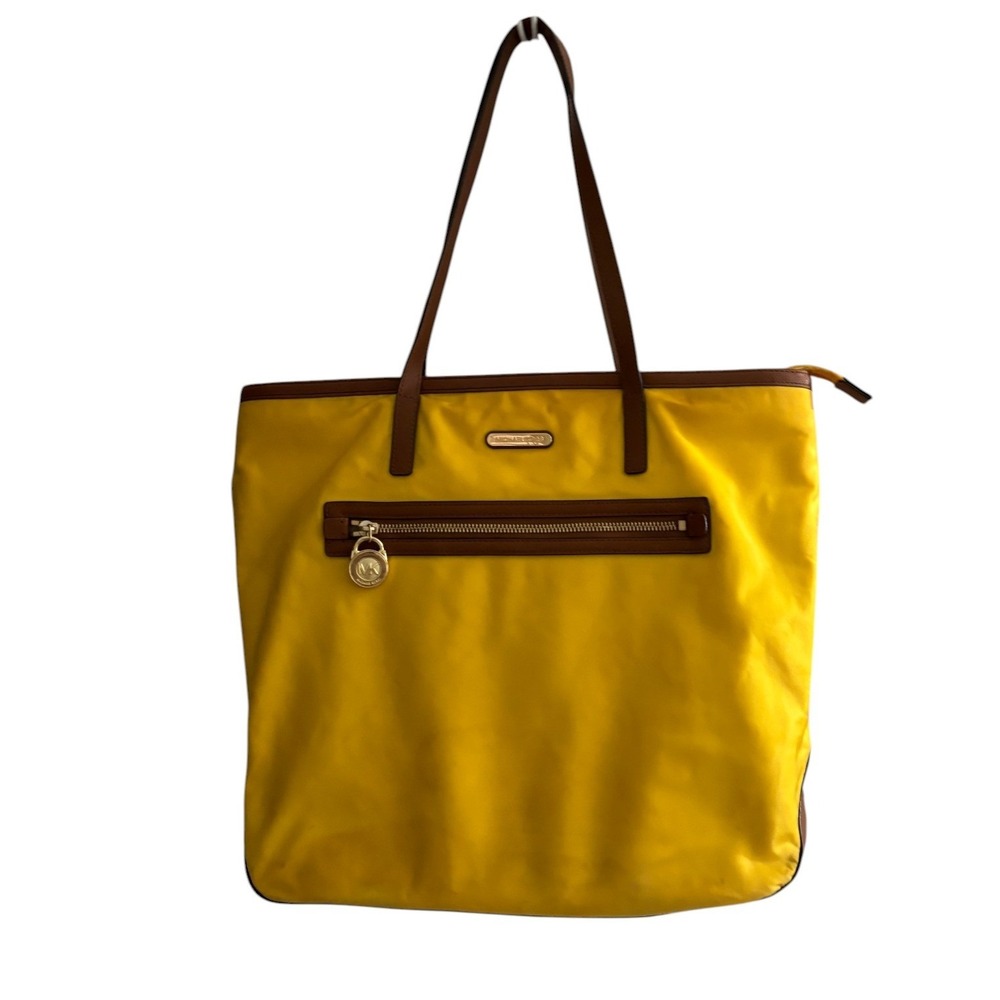 Michael Kors Yellow Nylon Tote Bag Brown Leather Trim Gold Hardware MK Lock